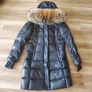 SAM Black Long Puffer Coat Real Fur Hood Quilted Down size L $750